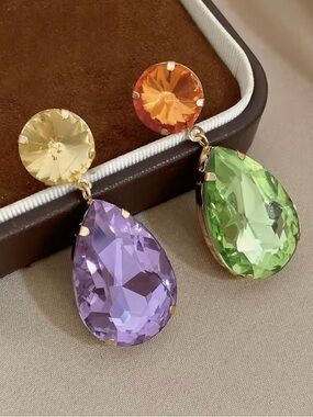 NEW Gold-Tone Multi Color Mismatch Teardrop Glass Drop Earrings - Women Jewelry